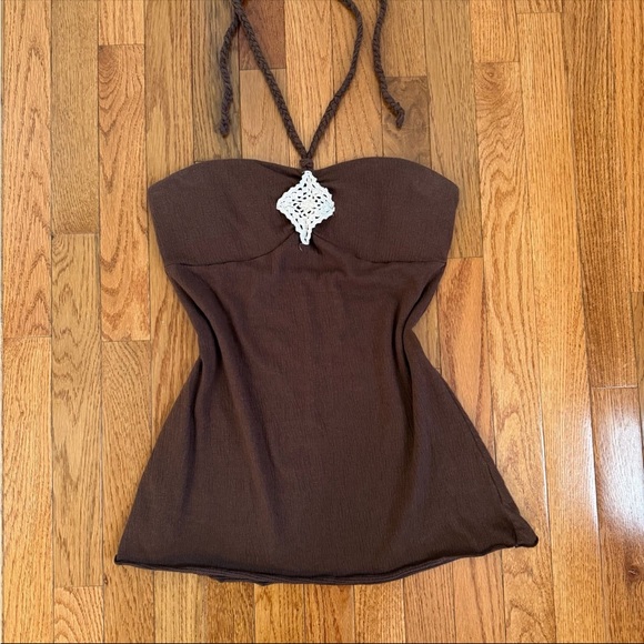Vintage Y2K Self Esteem Brown Halter Tank Top with Crochet Accent - Picture 4 of 4